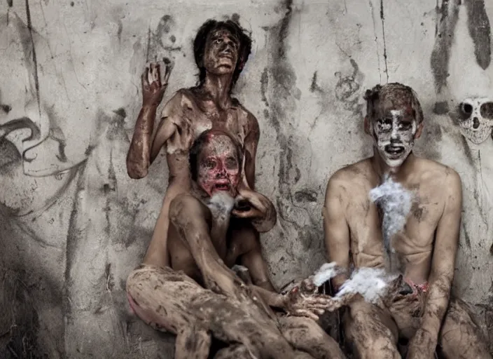 Prompt: sensual scene from art house film by alejandro jodorowsky, roger ballen : : surreal scene of an occult ritual in a picturesque outdoors setting : : mirrors, ashes, new guinea mud man, costumes, snakes, smoke, burned dolls : : close - up of the actors'faces : : technicolor, 8 k