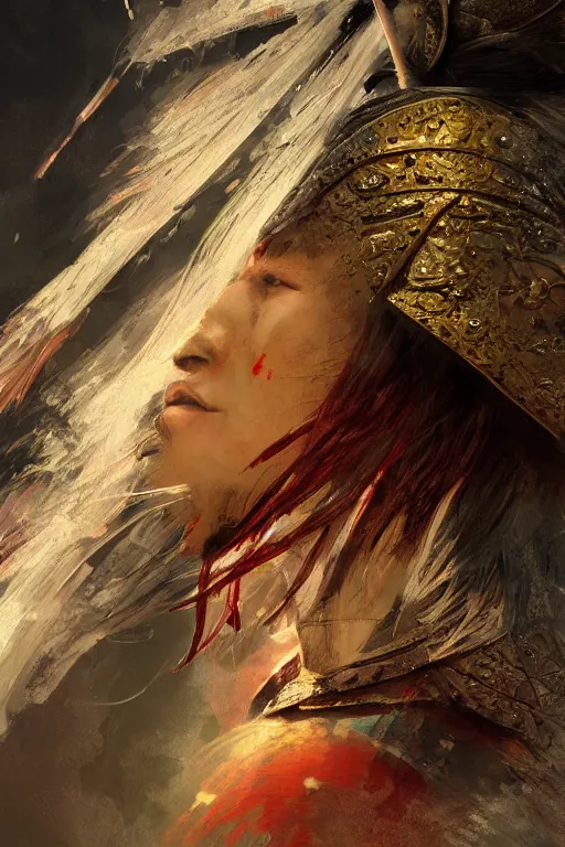 Image similar to samurai warrior, close - up portrait, fierce, intricate, elegant, volumetric lighting, scenery, digital painting, highly detailed, artstation, sharp focus, illustration, concept art, ruan jia, steve mccurry