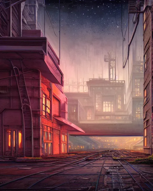 Prompt: a beautiful detailed painting of nature architecture city urbex building unfinished building abandoned industrial architecture fire station by ralph mcquarrie, cgsociety neon signs darkacademia lightpaint at night galactic, archdaily, wallpaper, highly detailed, trending on artstation.