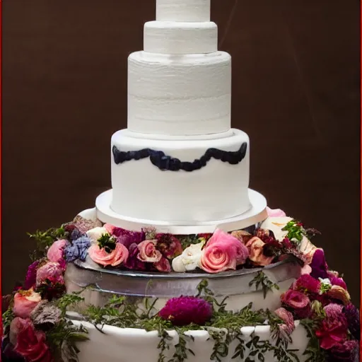 Image similar to wedding cake with bride and groom on top, a huge knife slicing it in color with a dali look