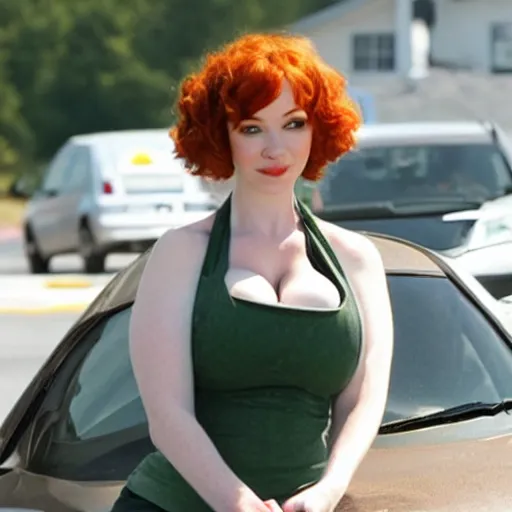 Prompt: christina hendricks as car washer,