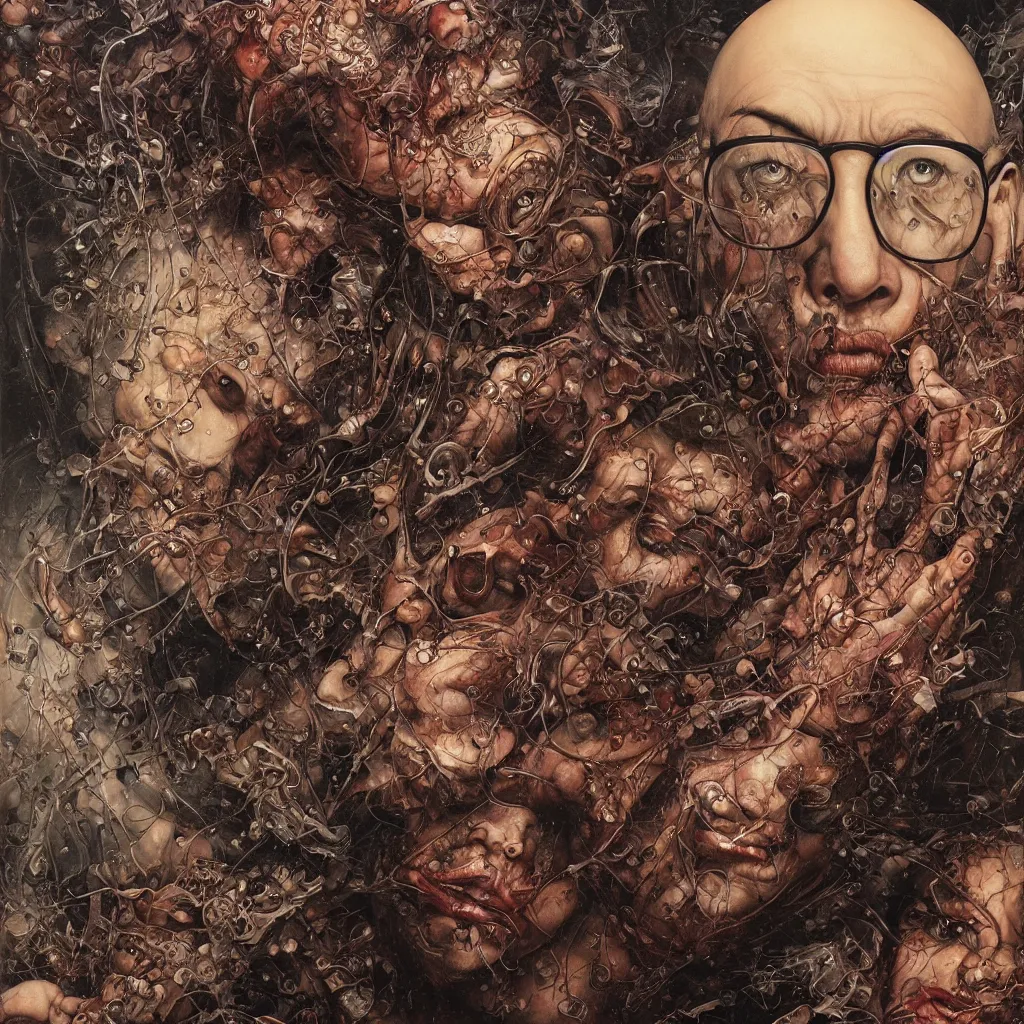 Prompt: realistic detailed image of a bald chubby bearded man with thick glasses by Ayami Kojima, Amano, Karol Bak, Greg Hildebrandt, and Mark Brooks, Neo-Gothic, gothic, rich deep colors. Beksinski painting, part by Adrian Ghenie and Gerhard Richter. art by Takato Yamamoto. masterpiece