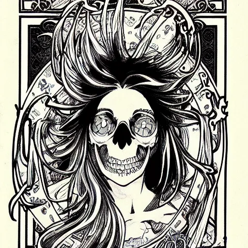 Prompt: anime manga skull portrait face skeleton illustration style by Alphonse Mucha and Jim Lee comic pop art nouveau