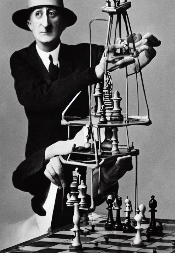 Image similar to marcel duchamp holding up a chess - piece wire - machine, a surrealist painting by marcel duchamp, complex artificial - intelligence machinery, flickr contest winner, studio portrait, 1 9 2 0 s