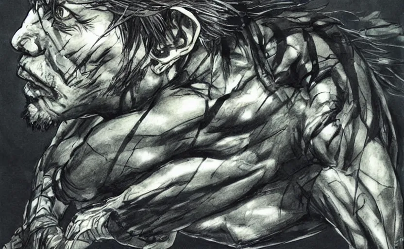 Image similar to yoji shinkawa drawing of gollum as solid snake, metal gear solid