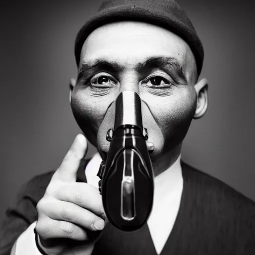 Image similar to man with a nose shaped like a revolver with 6 nostrils, photograph