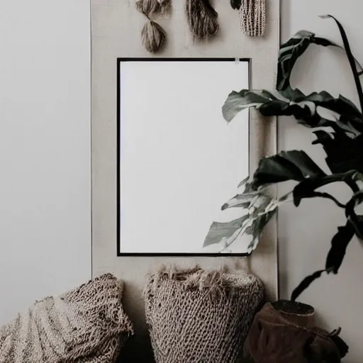 Image similar to a minimalist mockup photo with one large frame, in a white clear boho style studio, white and beige predominant colors, trending on pinterest