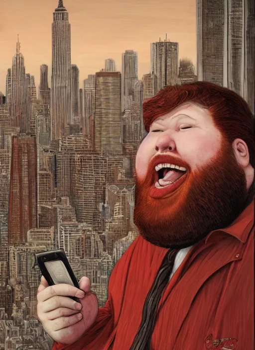 Prompt: a fat redheaded man with beard laughing and talking on a cell phone manhattan skyline in the background, portrait, intricate, elegant, highly detailed, centered, digital painting, artstation, concept art, smooth, sharp focus, illustration, art by art germ and donato giancola and Joseph Christian Leyendecker