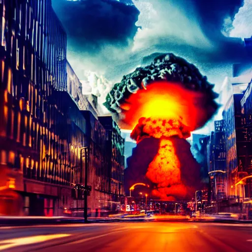 Image similar to centered action photography shot of extremely detailed hyper realistic nuclear bomb explosion in a city, professional film photography, 8 k, cinematic framing,