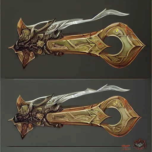 Image similar to concept art of elven bow weapon, symmetry, bow design, fantasy bow, fantasy, behance, pinterest, deviantart, artstation, weapons concept art, design, rpg, weapon, detailed, digital art, incredible, digital painting