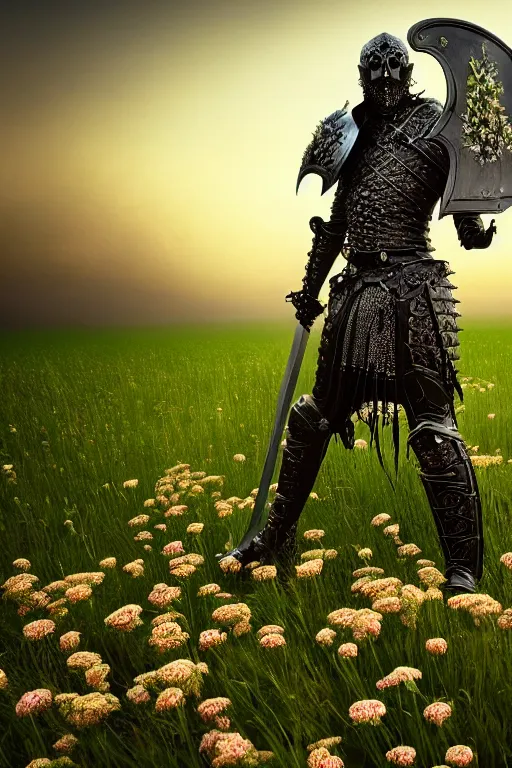 Image similar to hyperrealistic neo - gothic cinematic monster with armor holding sword in a field of flowers, highly detailed smooth digital art masterpiece, vitaly bulgarov dramatic low light, ground angle uhd 8 k, sharp focus