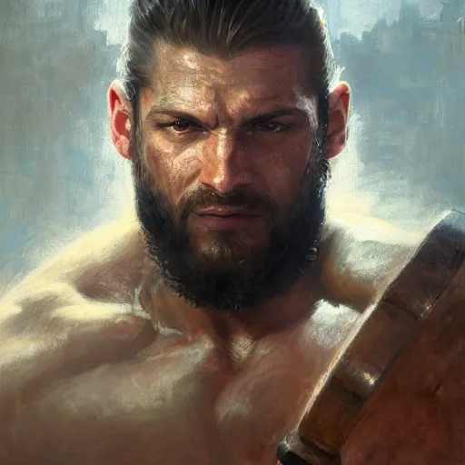 Image similar to handsome portrait of a spartan guy bodybuilder posing, radiant light, caustics, war hero, metal gear, steel bull run, by gaston bussiere, bayard wu, greg rutkowski, giger, maxim verehin