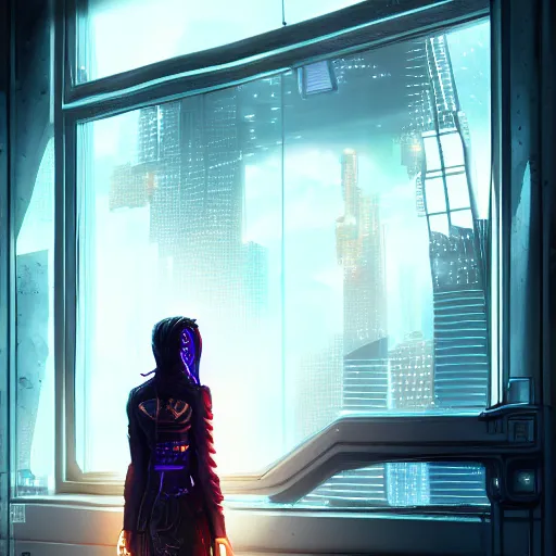 Image similar to portrait of cyberpunk woman looking out of a window, cyberpunk setting, futuristic, highly detailed, intricate lighting, digital painting, sharp focus, illustration, trending on artstation, art by ufotable.