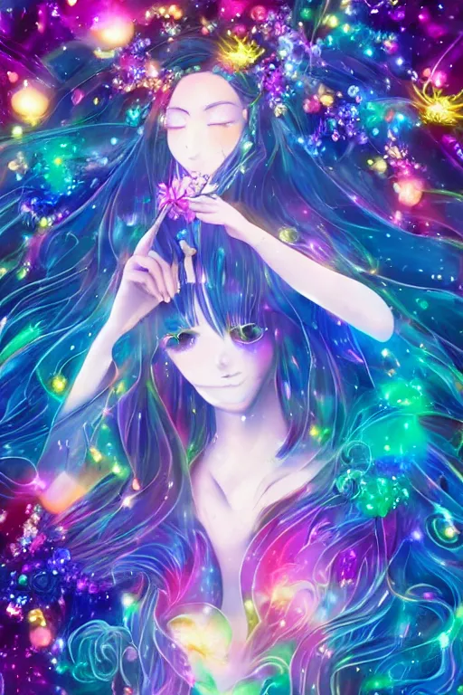 Image similar to psychedelic, whimsical, anime, 4k, beautiful intimate woman blowing smoke, with professional makeup, long trippy hair, a crystal and flower dress, sitting in a reflective pool, surrounded by gems, underneath the stars, rainbow fireflies, trending on patreon, deviantart, twitter, artstation, volumetric lighting, heavy contrast, art style of Ross Tran and Miho Hirano anc Ilya Kuvshinov