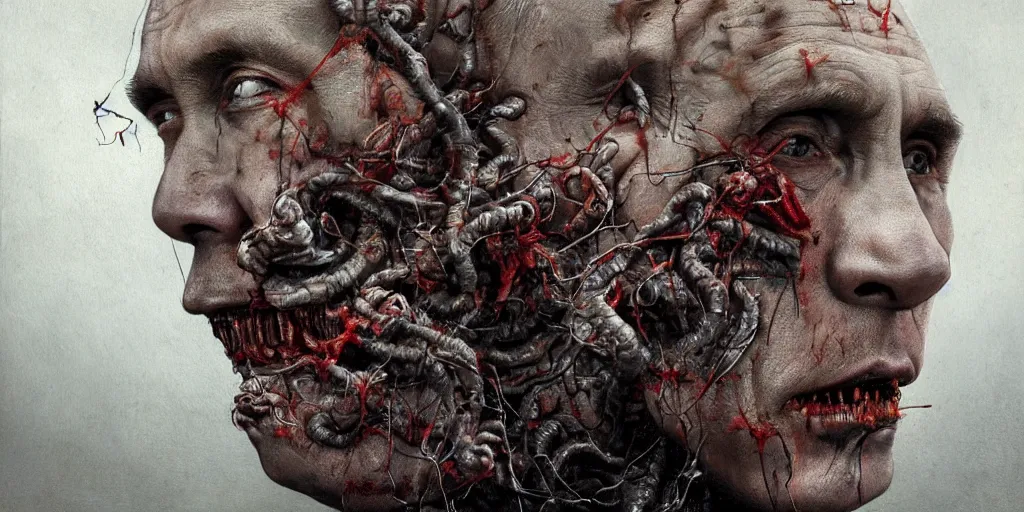 Image similar to highly detailed surreal portrait of vladimir putin's face is eaten by worms, in the background an army of zombies with their mouths sewn shut with wire in the shape of the letter z, style of greg rutkowski and ralph horsley, photorealistic, hyperdetailed, matt painting, digital art, non blurry, sharp, artstation, concept art, smooth, illustration