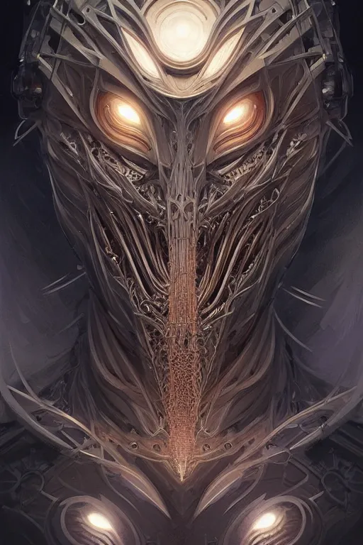 Image similar to professional concept art symmetrical portrait of a horrendous mechanical predatory fractal! species in a dark room by artgerm and greg rutkowski. an intricate, elegant, highly detailed digital painting, concept art, smooth, sharp focus, illustration, in the style of cam sykes.