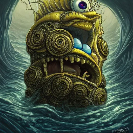 Image similar to portrait of SpongeBob as a large Lovecraftian monster, fantasy, intricate, elegant, highly detailed, digital painting, artstation, concept art, smooth, sharp focus, illustration, art by artgerm and greg rutkowski