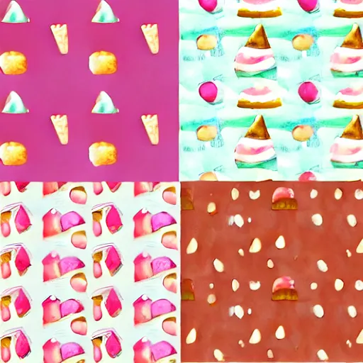 Prompt: repeating pattern seamless. watercolor. icecream, cone, candy minimalism