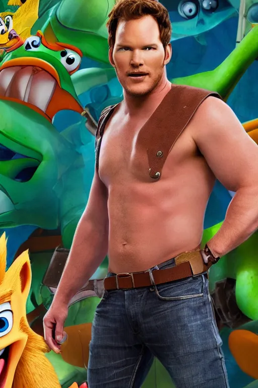 Prompt: Chris Pratt as Crash Bandicoot, set photograph, cover of Vogue