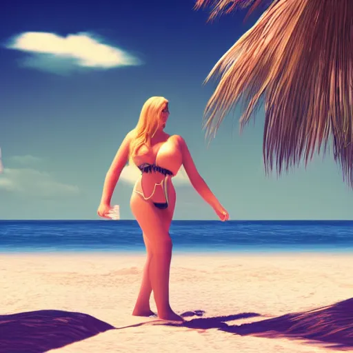 Image similar to king kong in a bikini clearing a space for himself at the beach, cinematic, octane render, sunny day, tropical island.