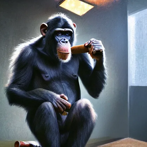 Image similar to a chimp wearing a suit smoking a cigar, dramatic lighting, cinematic, establishing shot, extremly high detail, photorealistic, cinematic lighting, artstation, style by James Gurney