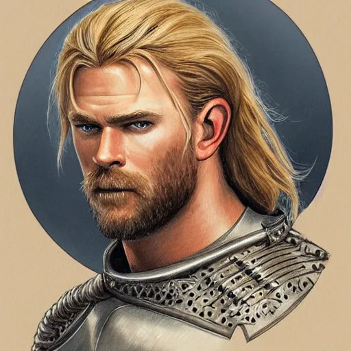 Image similar to a portrait of a medieval knight with a short beard and short blonde hair drawn in the style of tony sart, face of chris hemsworth, trending on artstation, realistic, detailed