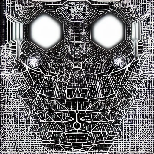 Image similar to an insanely detailed cibernetic artwork of a futuristic artificial intelligence superstar, centered image, perfectly symmetrical alien face, with frames made of detailed fractals, octsne render, 4k, insanely detailed, detailed grid as background, cgi