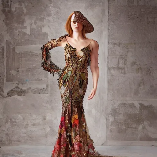 Image similar to exclusive evening dress made of bronze transparent fabric fantasy with colored flower petals made of fabric. intricate asymmetrical patterns. an elegant hat. hyperrealistic photos, clear details.