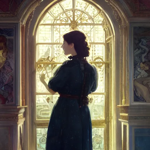 Prompt: a very detailed portrait painting of Eva Green, a very detailed french room, a very detailed dramatic sky, light particles, environment drawn byVesper Lynd, character design by Alphonse Mucha, 4k, volumetric lighting, komorebi, award winning, octane render, hyperrealistic