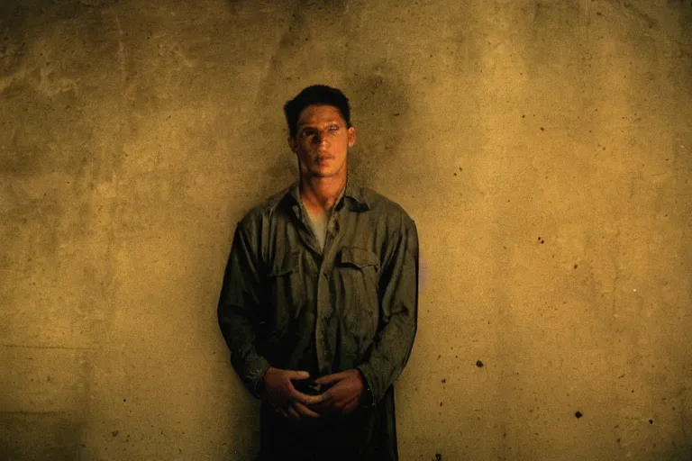 Image similar to a cinematic!! headshot photograph!! of a male, stood in a factory, dirt, film still, cinematic lighting, by bill henson