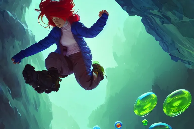 Prompt: madeline from celeste jumping into a green jelly bubble wearing a blue bubble jacket has a red long hair, highly detailed, digital painting, artstation, concept art, sharp focus, illustration, art by greg rutkowski and alphonse mucha