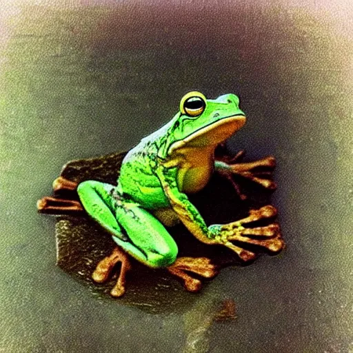 Image similar to frog in jesus christ pose levitating over misty water, polaroid photography by andrey tarkovski, paranormal, spiritual, mystical