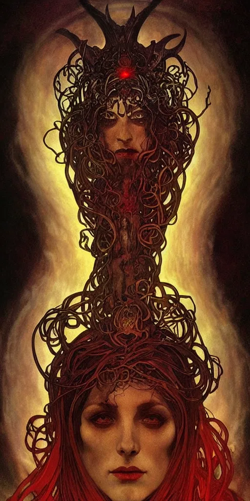 Prompt: intense glowing pagan black metal god with horns and veins and intense glowing eyes and a blood skull in very dark cosmic space by alphonse mucha and karol bak and beksinski and artgerm, portrait, fantasy, clear, light beams, lens flare, intense, uhd, amazing depth, cinematic lighting, shining gold and black and red