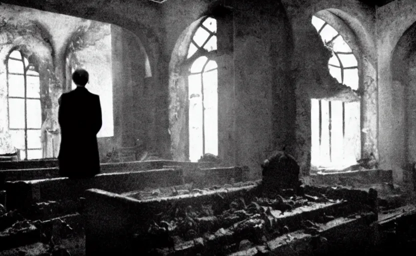 Prompt: contemplation of a crumbling chapel, still from an old surrealist black and white movie directed by Jan Svankmajer, Béla Tarr, Ingrid Bergman and Robert Wiene. Dark background, dramatic lighting, detailed, cinematic