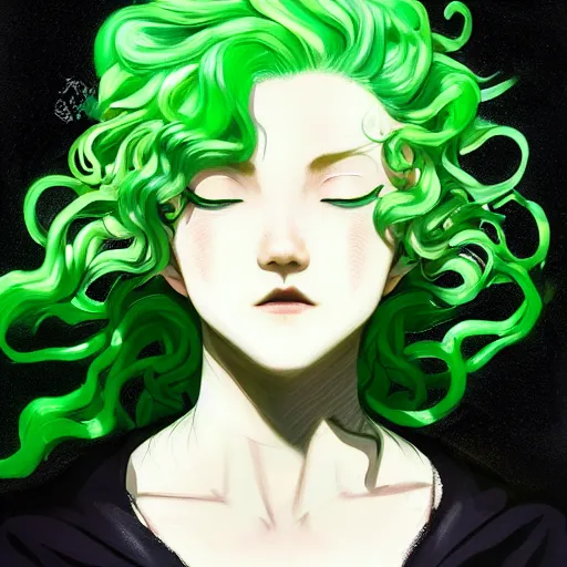 Prompt: tatsumaki with green curly hair and green eyes wearing a jacket, trending on artstation, light and shadow effects, intricate, highly detailed, digital painting, art station, concept art, smooth, sharp focus, illustration, advanced digital anime art, atmospheric lighting, detailed face, by wlop ilya kuvshinov krenz cushart