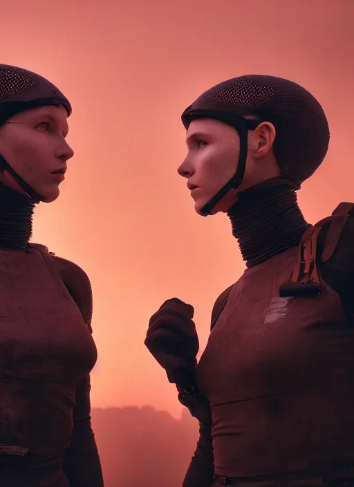 Image similar to cinestill 5 0 d photographic portrait by steve mccurry of two lesbian female androids wearing rugged black mesh techwear on a desolate plain with a red sky, extreme closeup, cyberpunk style, dust storm, 8 k, hd, high resolution, 3 5 mm, f / 3 2, ultra realistic faces, ex machina, blade runner