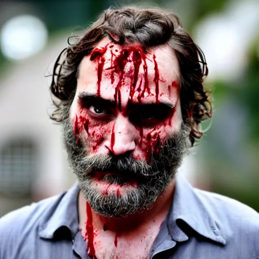 Image similar to joaquin phoenix with a crazed look and blood dripping from his face