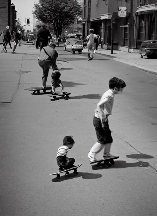 Image similar to 1 9 5 0 s kids skateboarding in the street by vivian maier. professional photography.