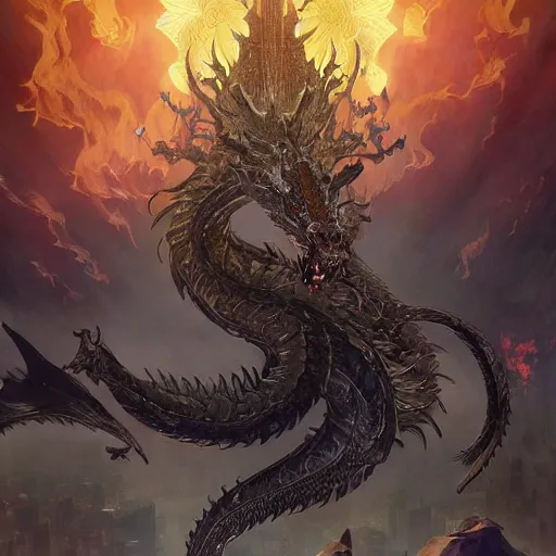 Image similar to an ornately decorated evil black dragon setting an ancient fantast city on fire in the desert, art by artgerm and greg rutkowski and magali villeneuve and alphonse mucha and rossdraws and makoto shinkai, d & d, fantasy, highly detailed, digital painting, trending on artstation, concept art, sharp focus, illustration