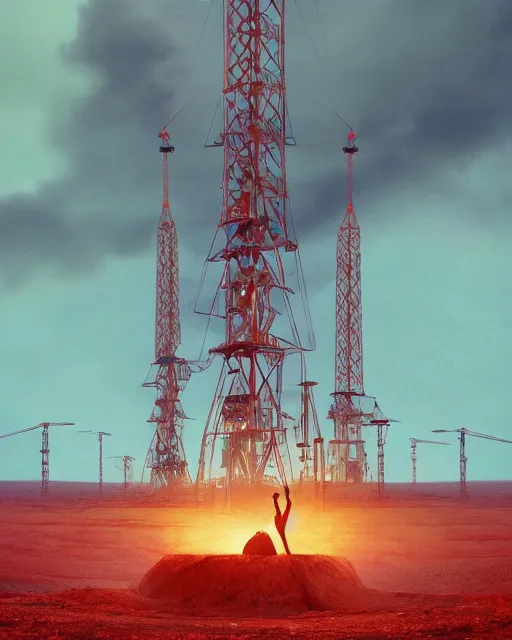 Image similar to a glowing female spirit of mother nature screams out in agony. drilling rigs bore into the earth in the background. wide shot, detailed, sharp, 8 k, award winning digital art by beeple, national geographic, dlsr.