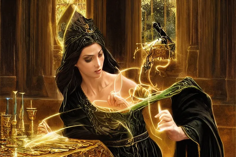 Image similar to a beautiful sorceress wearing a black robe with gold embroidery, sitting at table, casting a spell, green glows, painted by artgerm and john williams waterhouse, in the style of magic the gathering, highly detailed digital art