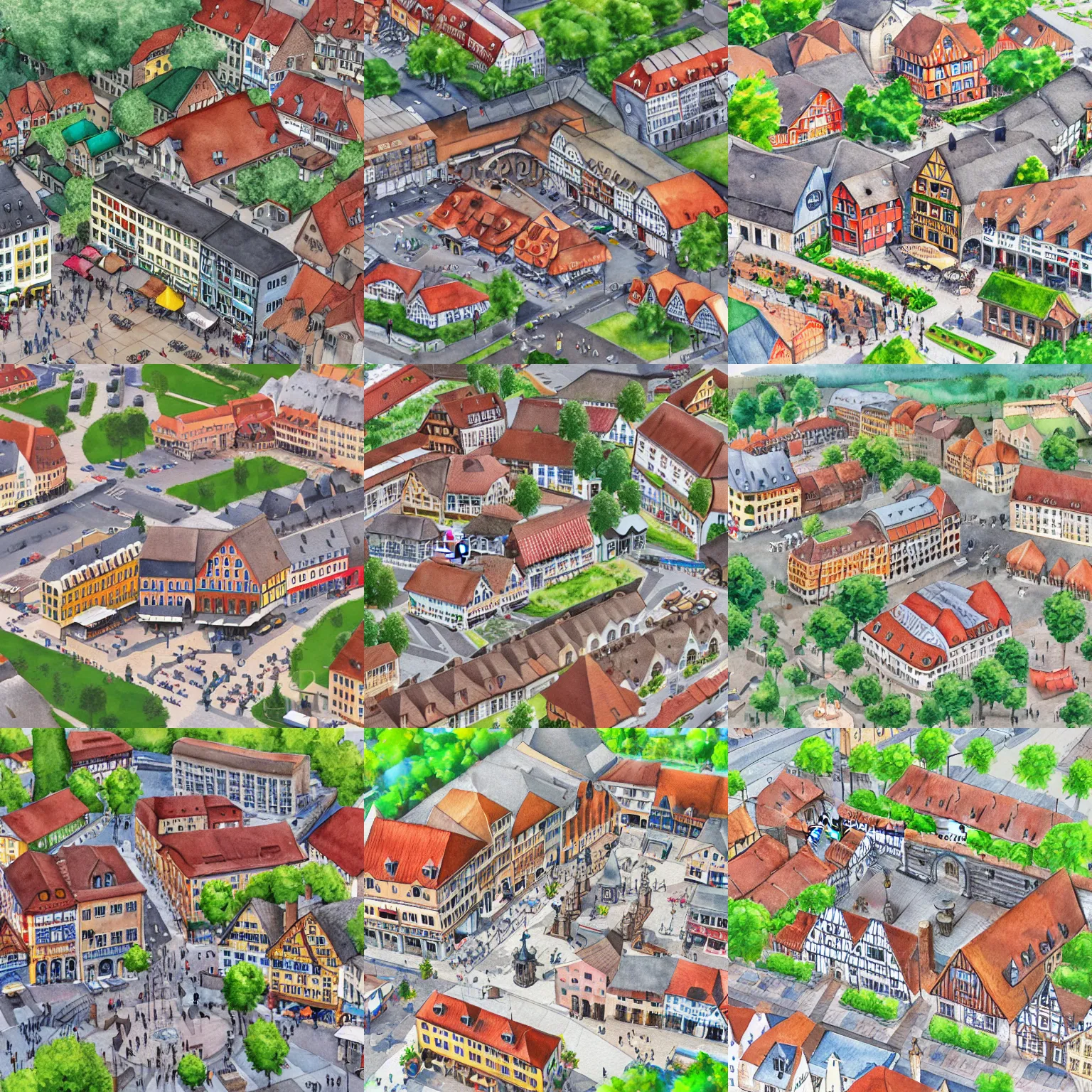 Prompt: The town square of a typical German town. Aerial isometric view. Watercolor illustration. High quality, award winning