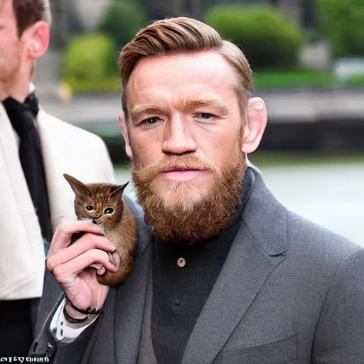 Image similar to mcgregor is dressed as a gentleman at early 2 0 th century paris. he is having a coffee at the banks of river seine. ewan mcgregor has a coffee cup on his hand. next to him is a small brown cat with yellow glowing eyes