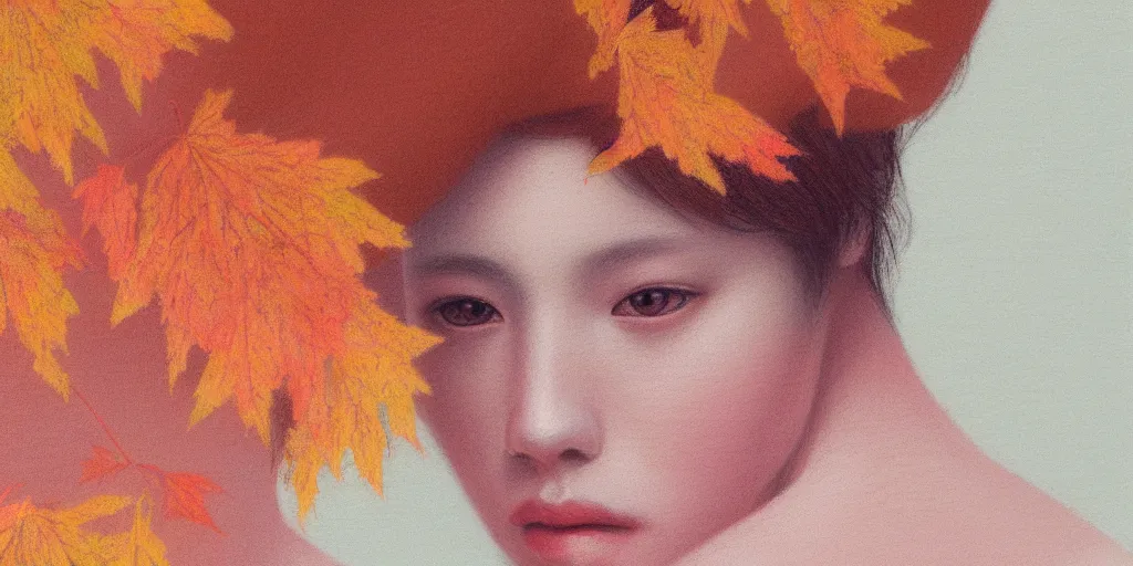 Image similar to detailed pastel colors portrait of a woman made of autumn leaves, by hsiao - ron cheng, fine detail, 8 k