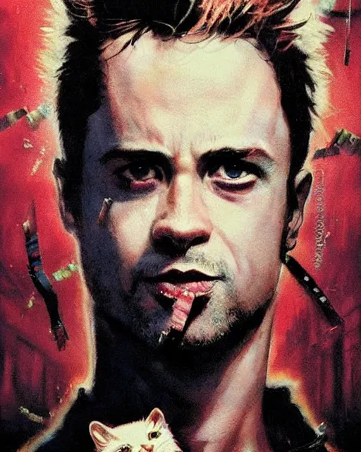 Image similar to cat in fight club, cat tyler durden, airbrush, drew struzan illustration art, by greg rutkowski key art, movie poster