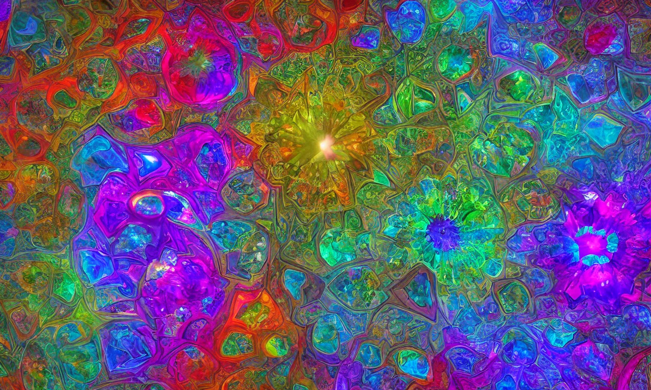 Image similar to acrylics blob voronoi engine laboratory 3 d volume kaleidoscope mandala fractal chakra digital multicolor stylized concept substance liquid nebula stone, a spectacular view cinematic rays of sunlight comic book illustration, by john kirby radiating a glowing aura global illumination ray tracing hdr depth fog overlay multiply photoshop layer