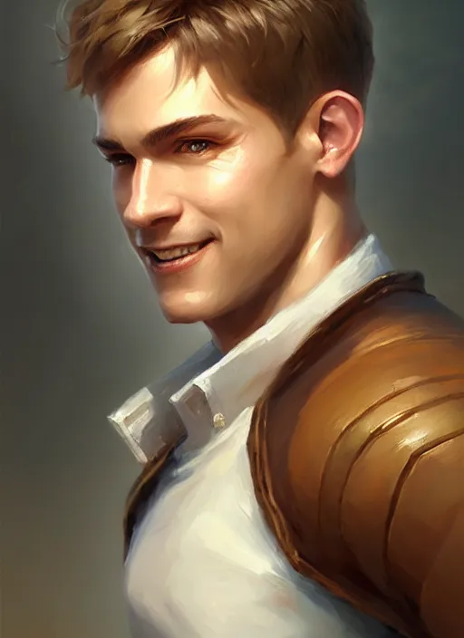 Image similar to a _ fantasy _ style _ portrait _ painting _ of white male short fringe light brown hair short head smiling clean shaven round face rpg dnd oil _ painting _ unreal _ 5 _ daz. _ rpg _ portrait _ extremely _ detailed _ artgerm _ greg _ rutkowski _ greg