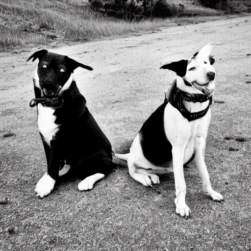 Image similar to a photo of two dogs sitting in front of the bus, hd award winning photograph, high detailed, 2001 style