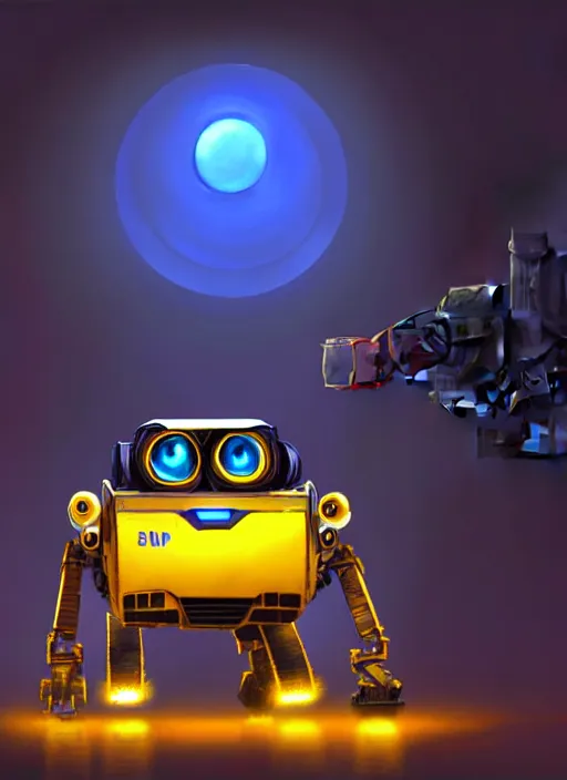 Image similar to wall - e, sci - fi, blue and yellow glowing lights, intricate, elegant, highly detailed, digital painting, artstation, concept art, smooth, sharp focus