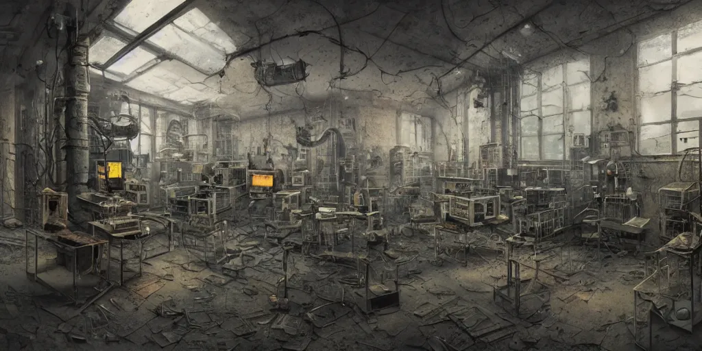 Prompt: abandoned laboratory with vacuum tube computers, early xx century technology, dark atmosphere, intricate, elegant, highly detailed, urban decay, digital painting, artstation, concept art, smooth, sharp focus, octane render, dramatic lighting, volumetric lighting, cinematic lighting, art by zdislav beksinski and hans giger